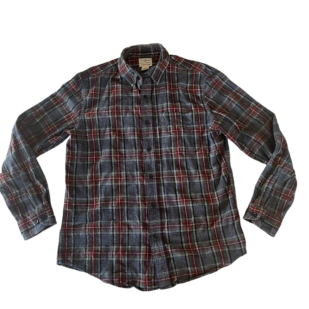 L.L. Bean Men's‎ Size M Reg Flannel Gray Red Plaid 100% Cotton Button Up